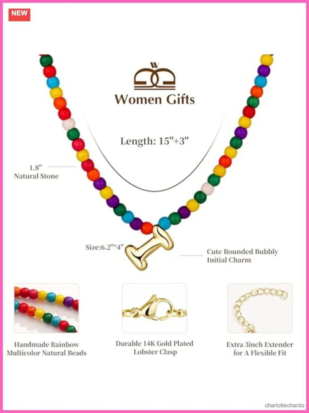 Rainbow Natural Stone Beaded Bubble Initial Pendant Necklace 14K Gold Plated